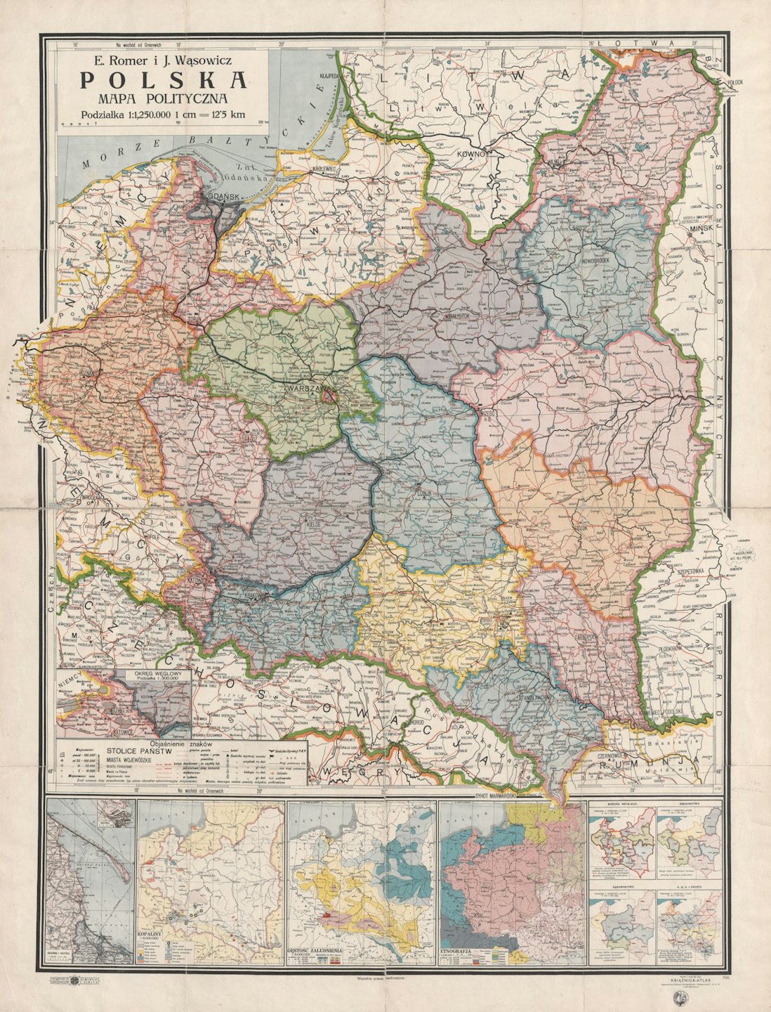 Stara mapa Polski z początku XX wieku z zaznaczonymi granicami administracyjnymi.